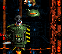 Dixie Kong and Kiddy Kong jump from KAOS's head in Kaos Karnage in Donkey Kong Country 3: Dixie Kong's Double Trouble!