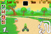 Yoshi racing on Donut Plains 2 in Mario Kart: Super Circuit.