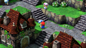 Wallet Toad giving Mario either Flower Tab of Frog Coin in the Mushroom Kingdom of Super Mario RPG.