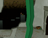 Mario next to the Star Piece in the background of the west entrance of Rogueport Sewers in Paper Mario: The Thousand-Year Door.