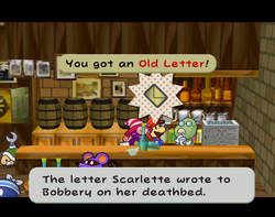 Mario getting the Old Letter from Podley in Rogueport of Paper Mario: The Thousand-Year Door.