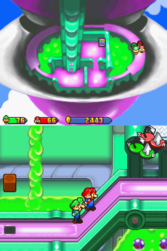 Mario, Luigi, Baby Mario, and Baby Luigi wandering around inside the Shroob Mother Ship.