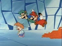 Misadventures in Babysitting - Raccoon Mario and Raccoon Luigi about to help Junior escape the magma