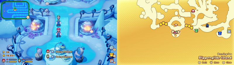 Mario and Luigi near 2 Sprite Bulb Nests on Slippenglide Island of Mario & Luigi: Brothership.