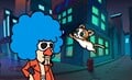 The cat jumping into Jimmy's afro