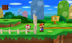 Mario near a circle containing a Coin in Warm Fuzzy Plains of Paper Mario: Sticker Star.