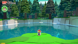 Mario standing near the spring in Whispering Woods of The Origami King. Gives out Fire Flower and Mushroom in exchange for Faded Fire Flower and Shriveled Mushroom.