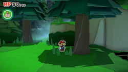 Mario standing near a tree containing a Small Bag of Confetti in Whispering Woods of The Origami King.