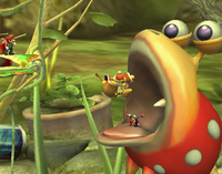 King Dedede jumping into a Red Bulborb's mouth in the Distant Planet stage from Super Smash Bros. Brawl