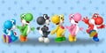 Lineup of differently-colored Yoshis