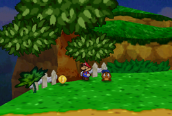 Mario finding a Coin near the end of the Goomba Road of Paper Mario.