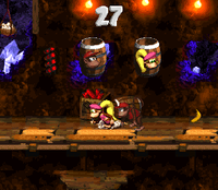 Diddy Kong and Dixie Kong in the first Bonus Level in Kannon's Klaim in the SNES version