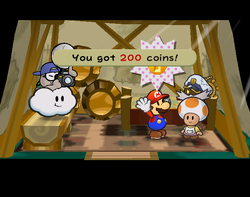 Mario getting 200 Coins from the innkeeper in Keelhaul Key of Paper Mario: The Thousand-Year Door.