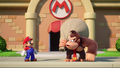 Mario finding Donkey Kong holding a sack of Mini-Marios
