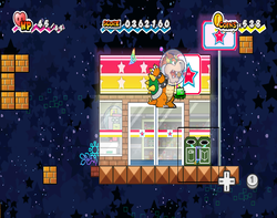 Bowser using Fleep to uncover the Mr. L Super Card in Outer Limits of Super Paper Mario.