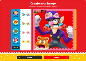 Decorating a picture of Waluigi in the Cat Transformation Center application