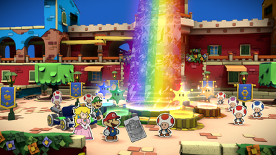 Mario about to pick up colorless Battle Card of Black Bowser's Castle in Port Prisma of Paper Mario: Color Splash.