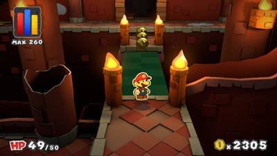 Mario near 3 Coins in The Crimson Tower of Paper Mario: Color Splash.