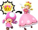 Demonstration of Toadette transforming to "Peachette" after obtaining the Super Crown power-up