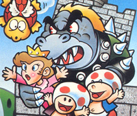 Bowser with captured Princess Toadstool (Peach), as they were originally depicted. A Koopa Paratroopa and two Mushroom Retainers are also seen.