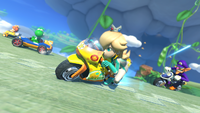 Rosalina drives on Cloudtop Cruise in Mario Kart 8.