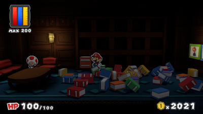 Mario near the unrevealed ghost in the library of Dark Bloo Inn of Paper Mario: Color Splash.