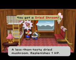 Mario getting a Dried Shroom from a drawer on Excess Express of Paper Mario: The Thousand-Year Door.