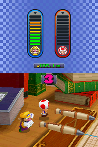 Wario and Toad compete in a duel mini-game of Get the Lead Out in Mario Party DS