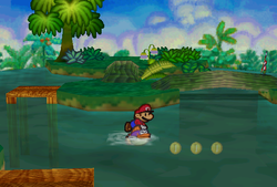 Mario finding 3 Coins underwater in Jade Jungle of Paper Mario.