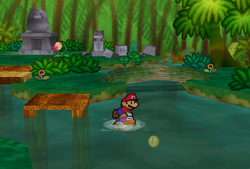 Mario finding a Coin underwater in Jade Jungle of Paper Mario.