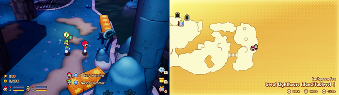 Mario and Luigi near wooden crates containing a Coin and a Refreshing Herb on Great Lighthouse Island of the Lushgreen Sea of Mario & Luigi: Brothership.
