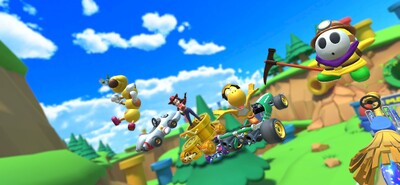 Piranha Plant Pipeline: (from left to right) Wiggler with the Super Blooper kart, Pauline (Cowgirl) with the Gold Pipes, Yoshi (Gold Egg) with the Green Comet, and Yellow Shy Guy (Explorer) with Kamek's Zoom Broom. The Sakura Hop Rod kart is visible behind Pauline (Cowgirl)'s kart, though not its driver.