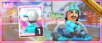 The Light Blue Mii Racing Suit from the Mii Racing Suit Shop in the 2023 Sundae Tour in Mario Kart Tour