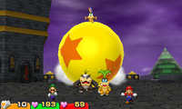 Lemmy chasing Mario and Luigi on his giant rubber ball
