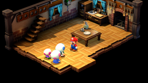 Dad Toad giving Mario a Flower Tab in the Mushroom Kingdom of Super Mario RPG.