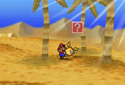 Image of Mario revealing a hidden ? Block in Dry Dry Desert, in Paper Mario.