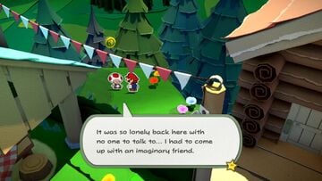 A Toad saved from being crumpled in Paper Mario: The Origami King. The eleventh hidden Toad in Whispering Woods.