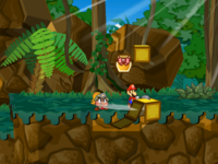 Screenshot of Mario revealing a hidden ? Block (containing a Jammin' Jelly) in Keelhaul Key, in Paper Mario: The Thousand-Year Door.