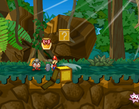 Screenshot of Mario revealing a hidden ? Block (containing a Jammin' Jelly) in Keelhaul Key, in Paper Mario: The Thousand-Year Door.