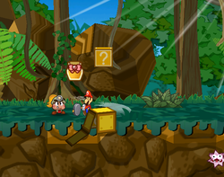 Screenshot of Mario revealing a hidden ? Block (containing a Jammin' Jelly) in Keelhaul Key, in Paper Mario: The Thousand-Year Door.