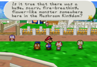 Mario and Goombario talking to Dane T. (the red Toad kid) and Mini T. (the green Toad kid) in the southern train station of Toad Town in Paper Mario