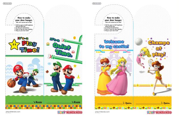 Printable Mario-themed door hangers featuring Mario, Luigi, Princess Peach, and Princess Daisy