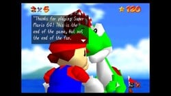 Yoshi's message in Super Mario 64, as seen in Super Mario 3D All-Stars.