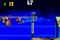 Dixie Kong and Kiddy Kong in the first Bonus Level of Stormy Seas in the Game Boy Advance remake of Donkey Kong Country 3