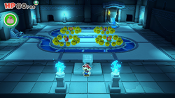 Mario standing near the reward for completing the 3x3 sliding puzzle in Water Vellumental Shrine of The Origami King.
