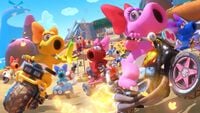 Birdo and several of her recolored variants racing on the Yoshi's Island course in Mario Kart 8 Deluxe.