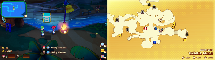 Mario and Luigi near a Sprite Bulb Nest on Bulbfish Island of Mario & Luigi: Brothership.