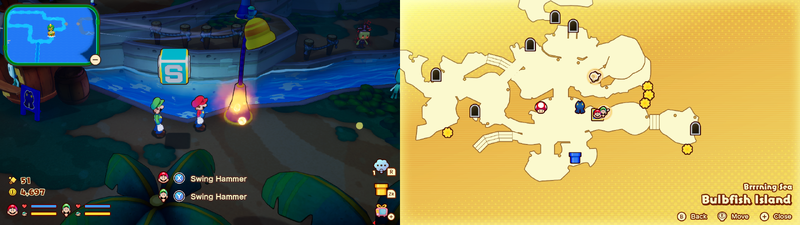 Mario and Luigi near a Sprite Bulb Nest on Bulbfish Island of Mario & Luigi: Brothership.