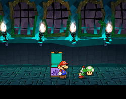 Mario getting a Ultra Shroom from a boo in Creepy Steeple of Paper Mario: The Thousand-Year Door.