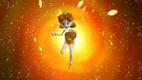 Princess Daisy executes her Flower Ball Star Pitch in Mario Super Sluggers.